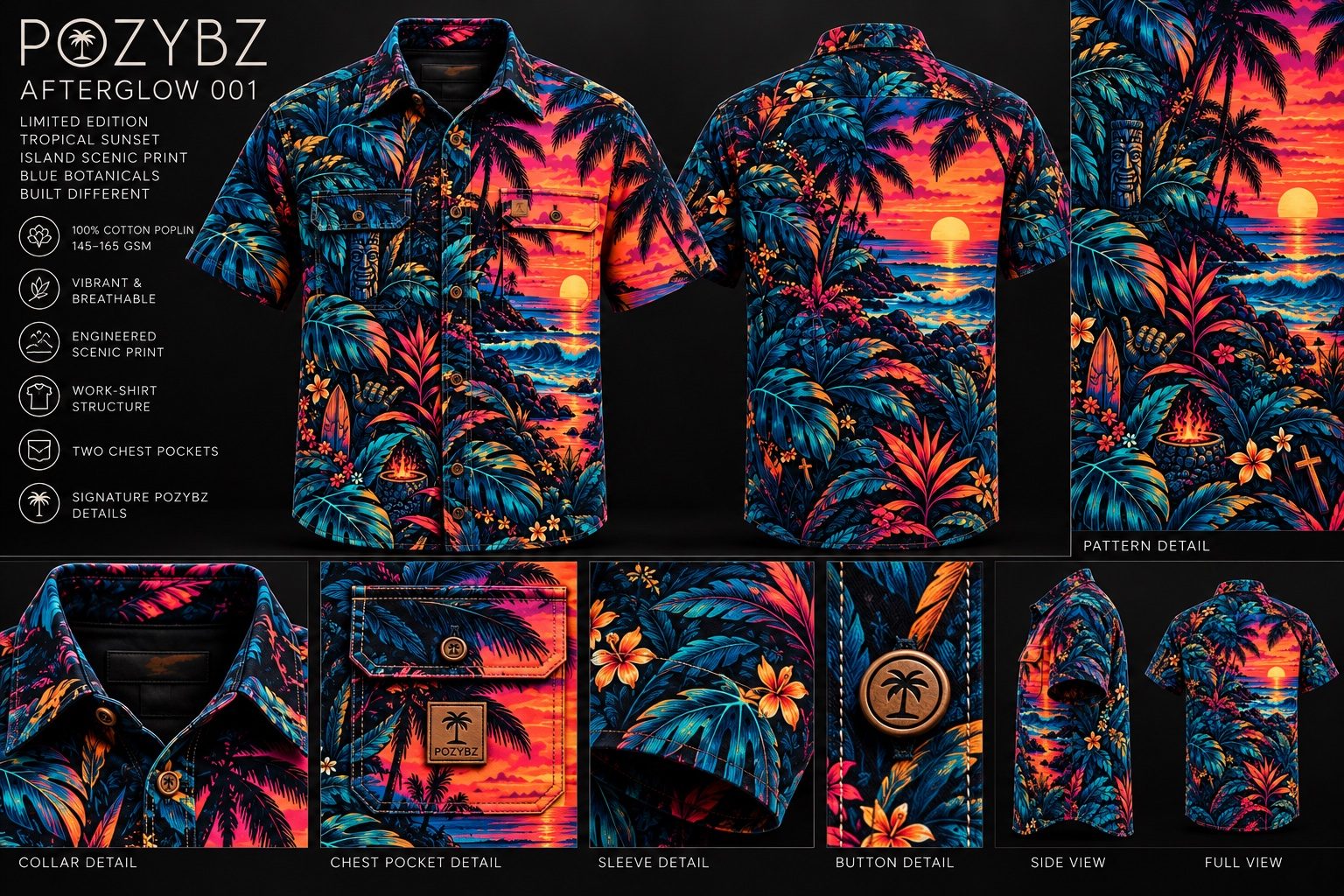 Concept preview of the Afterglow 001 shirt — vivid tropical sunset scenic print with blue botanicals, collar and button details