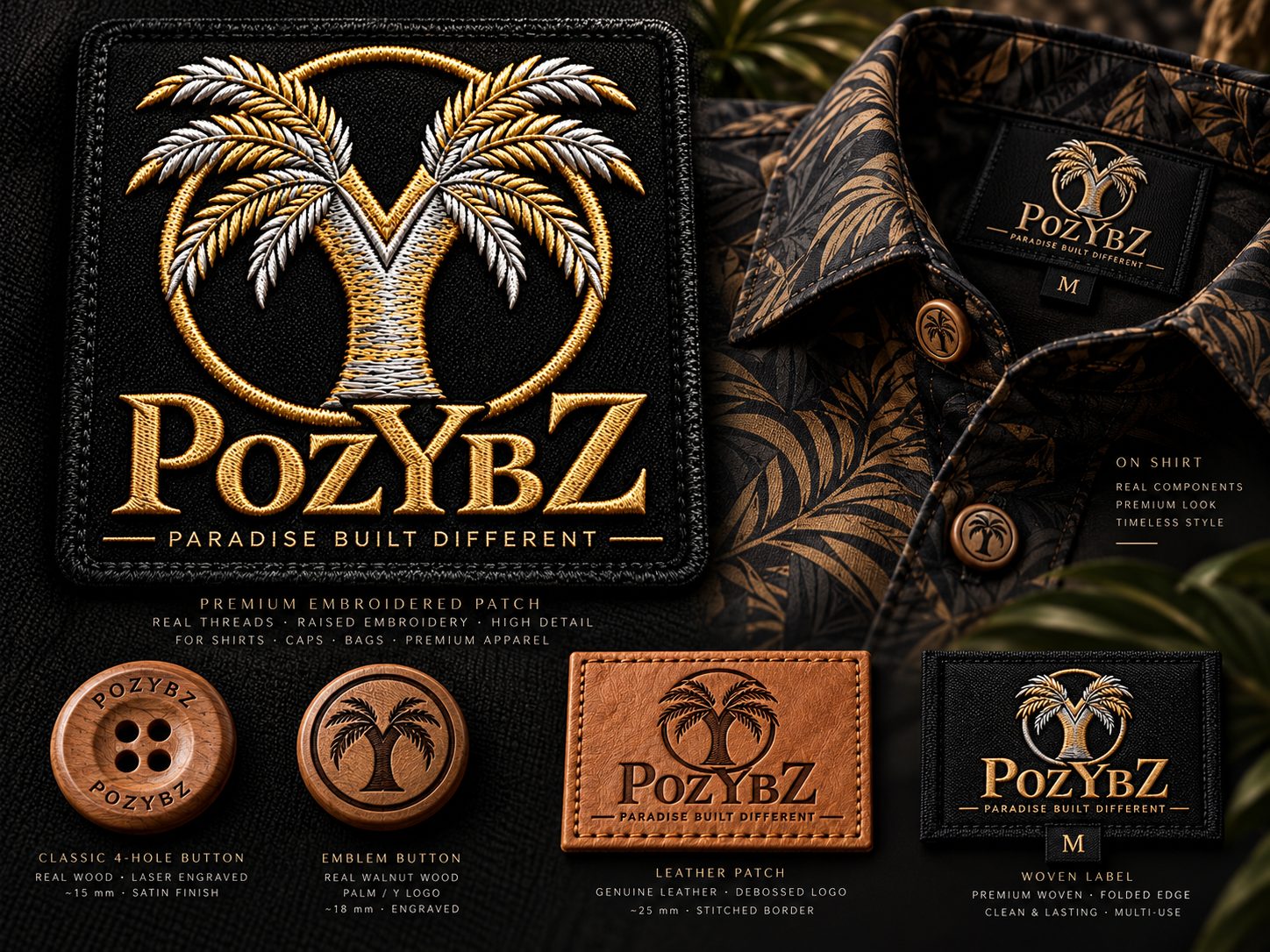 Concept preview of POZYBZ signature hardware — gold embroidered Y-palm patch, engraved wood buttons, leather patch and woven label