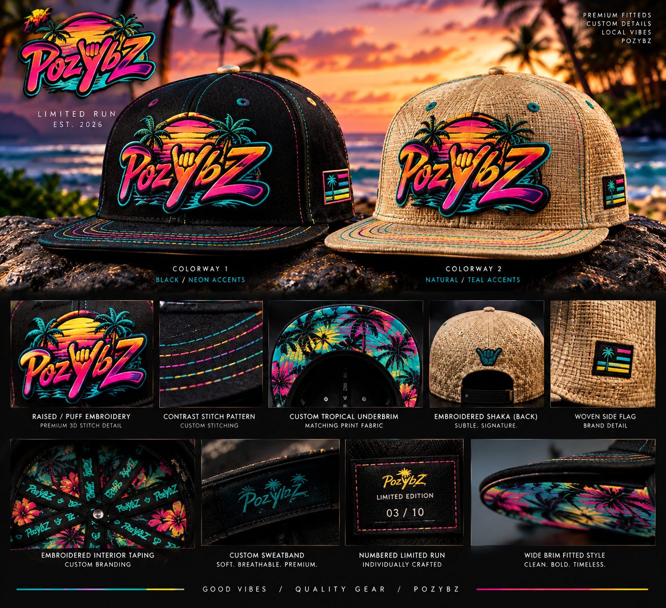 Concept preview of POZYBZ fitted hat details — numbered limited run, contrast stitching, embroidered shaka, custom sweatband