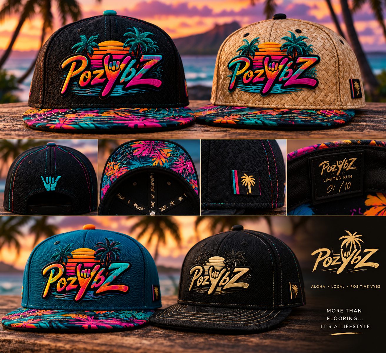 Concept preview of POZYBZ premium fitted hats in four colorways — black, natural straw, teal and black-gold with neon embroidery