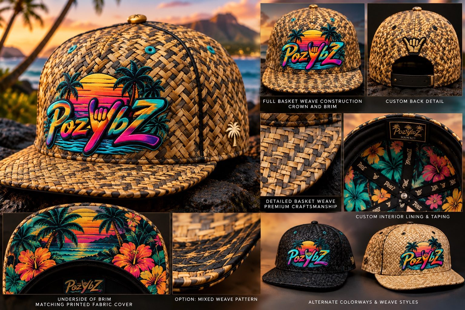 Concept preview of POZYBZ lauhala basket-weave fitted hat — full weave crown and brim, custom interior lining