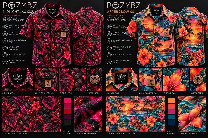 Concept preview of the Katoto 002 Midnight Lau shirt — dark basket-weave twill with neon red botanicals, chest pocket and collar details