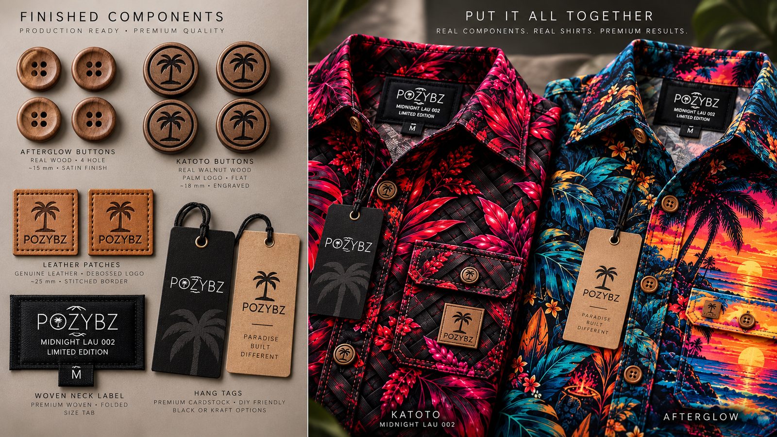 Concept preview of finished POZYBZ components and shirts together — wood buttons, leather patches, woven labels, hang tags