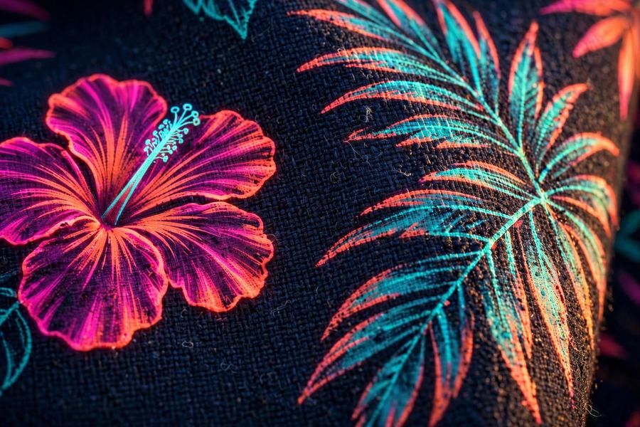 Macro concept render of neon hibiscus and palm print on dark navy fabric