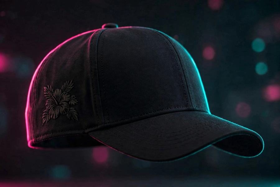 Concept render of a black fitted cap with tonal hibiscus embroidery under neon pink and teal light