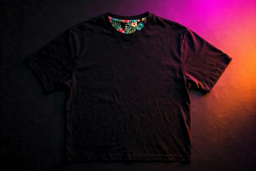 Concept render of a heavyweight black t-shirt flat lay with a tropical print collar lining, lit in magenta and orange